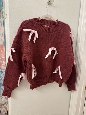 Bailey Rose Bow Sweater in Burgundy Mauve XS